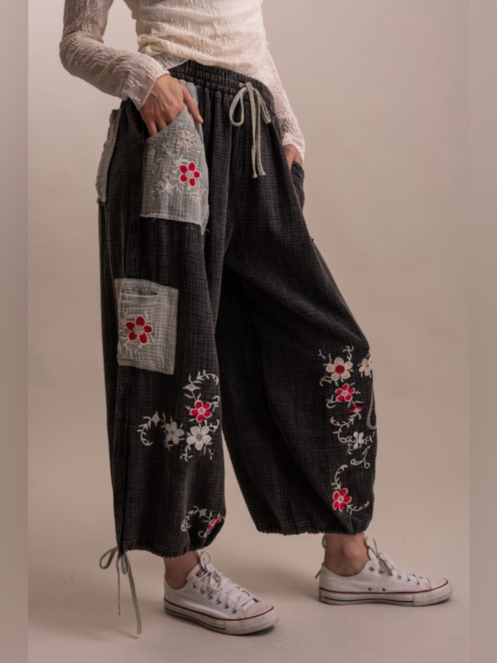 Bluevelvet Bohemian Embroidered Wide-Leg Pants in Black